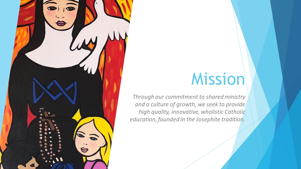 Mission graphic featuring religious artwork alongside the school’s mission statement.